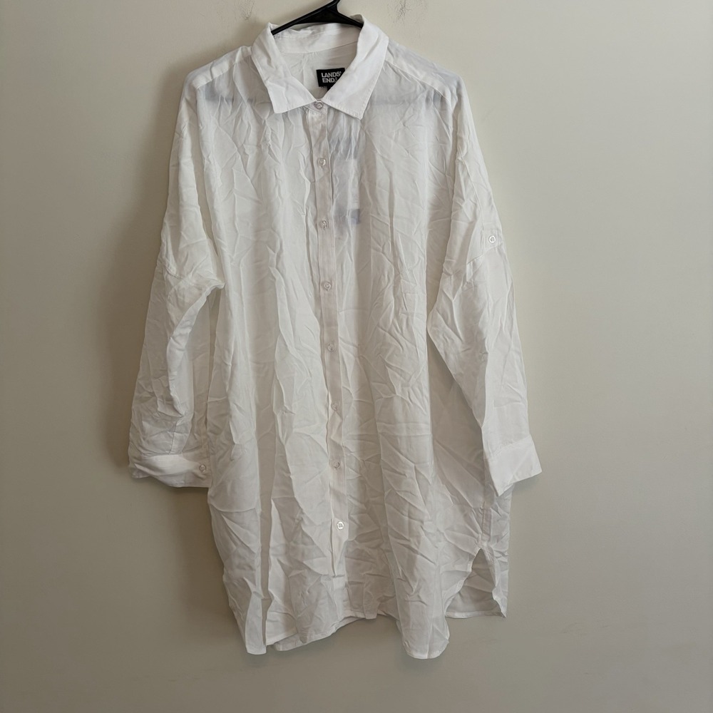 Lands End M L White Button Up Shirt Tunic Mini Dress Swim Cover Up Beach Resort